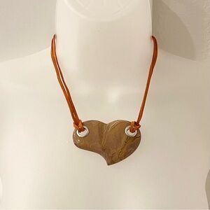 Jay King Jasper Heart Necklace with Sterling Silver & Suede